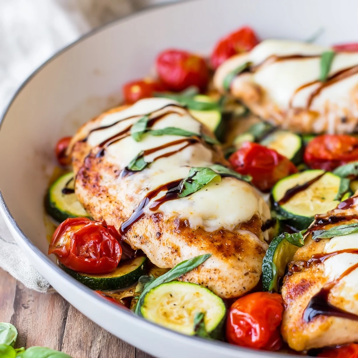 One-pan Caprese chicken skillet with melted mozzarella, zucchini, cherry tomatoes, and fresh basil drizzled with balsamic glaze