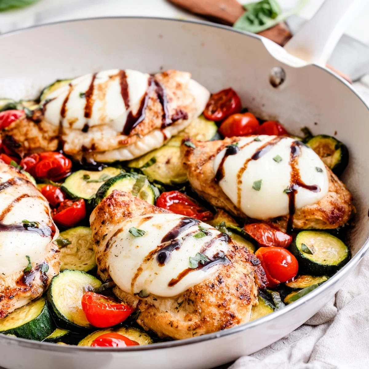 Golden pan-seared chicken breasts topped with creamy mozzarella and served alongside tender zucchini in this Caprese chicken skillet