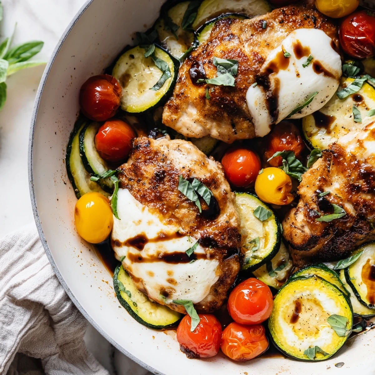 Vibrant Caprese chicken skillet featuring juicy chicken, fresh summer vegetables, and melted cheese finished with aromatic basil leaves