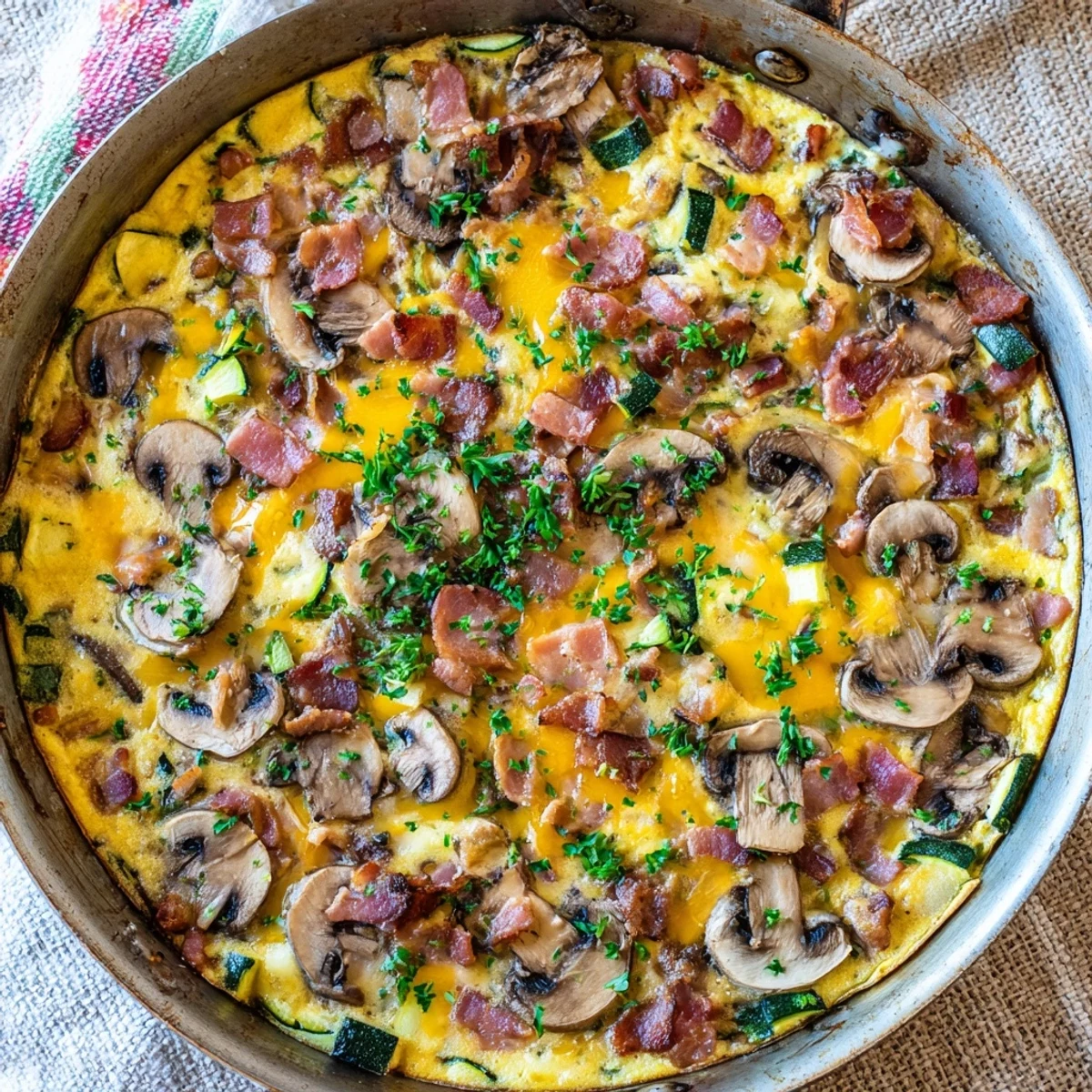Golden Mushroom, Zucchini, and Bacon Family Frittata with melted cheese and fresh parsley garnish, served warm from the skillet
