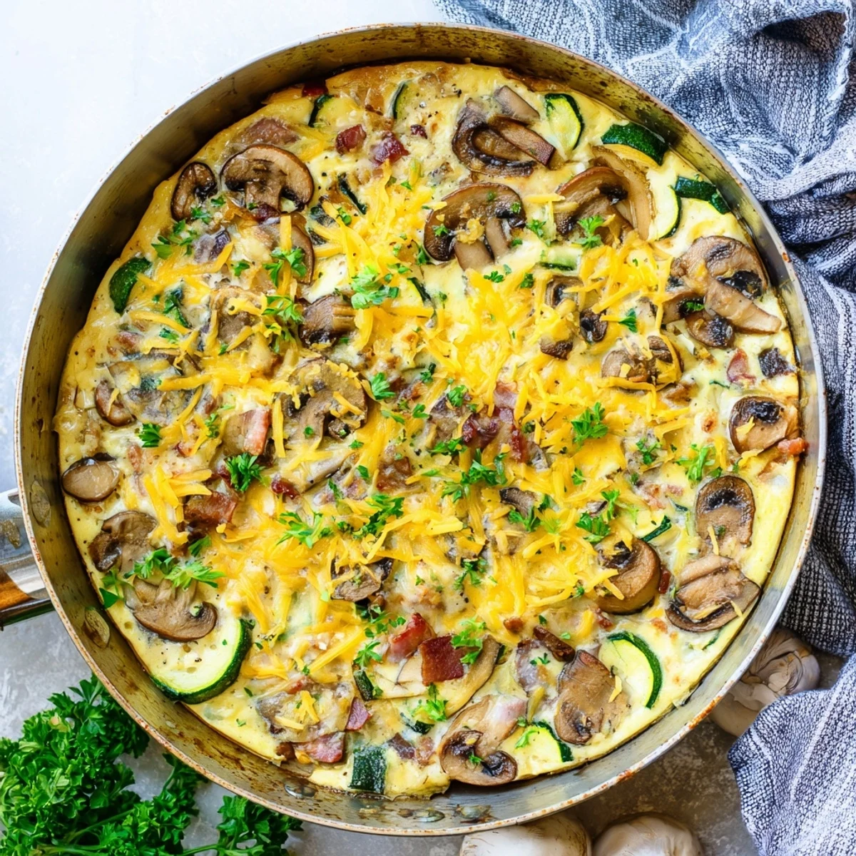 Savory baked frittata featuring crispy bacon, tender zucchini slices, and earthy mushrooms in a fluffy egg custard