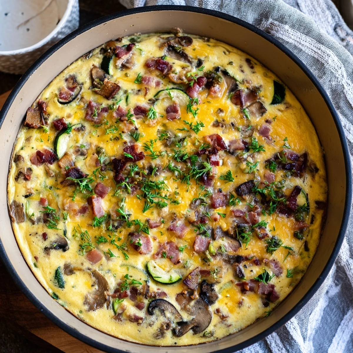 Skillet-baked breakfast frittata with smoky bacon, mushrooms, and zucchini, topped with melted cheddar and chopped herbs