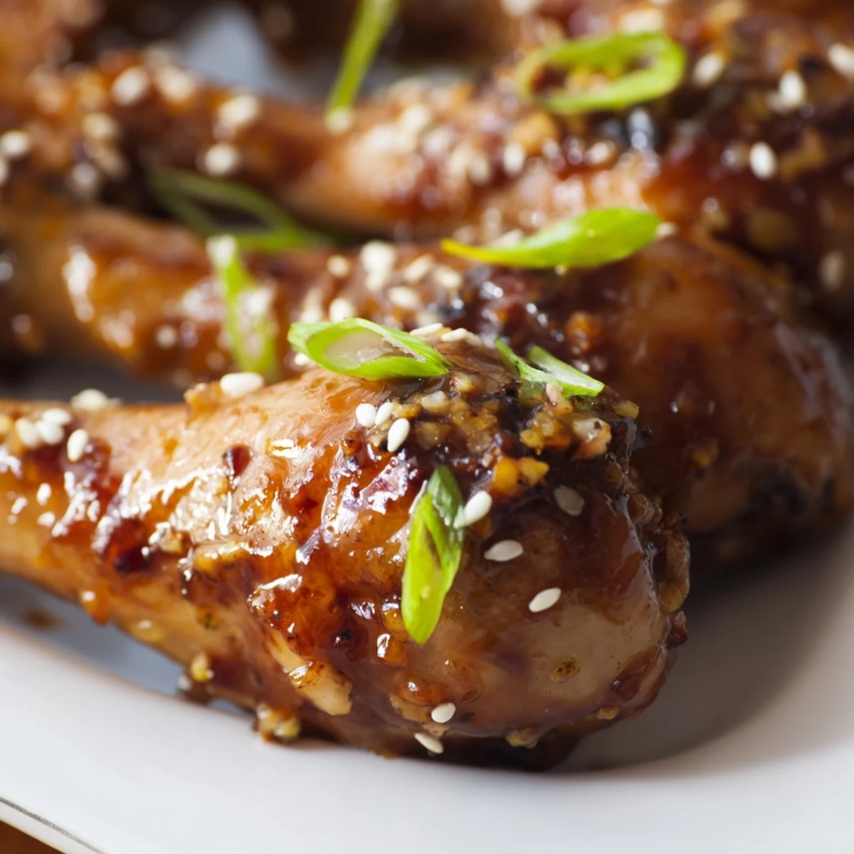 Tender Asian glazed chicken drumsticks slow cooked to perfection garnished with sesame seeds and scallions