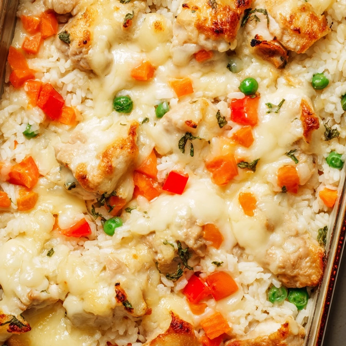 Golden baked Macau Style Portuguese Chicken Rice with bubbling melted cheese and colorful vegetables