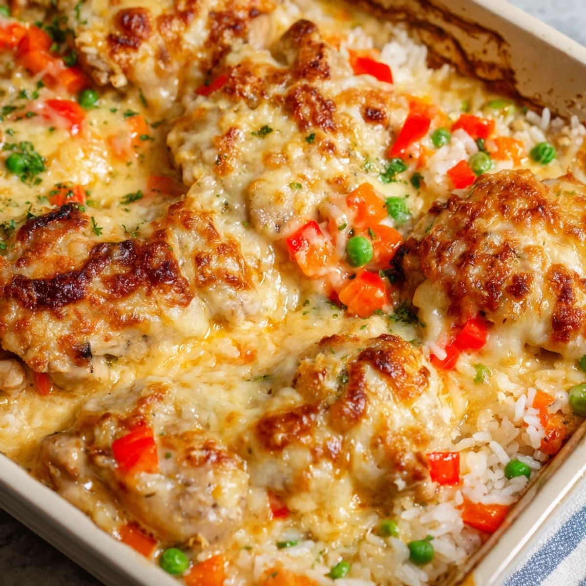 Vibrant Macau Style Portuguese Chicken Rice baked until golden with mozzarella and parmesan cheese topping
