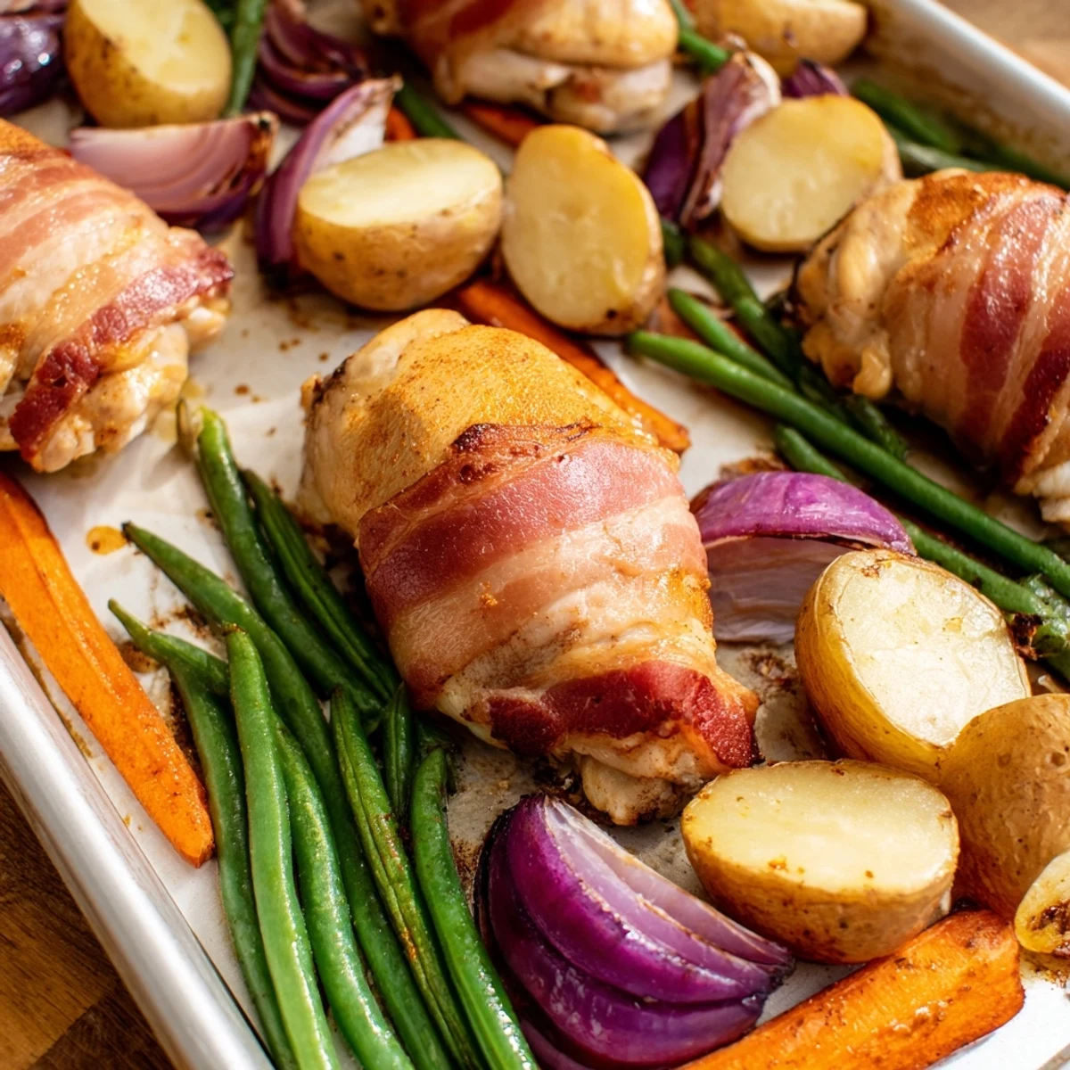Golden bacon wrapped chicken thighs roasted with colorful vegetables on a large baking sheet