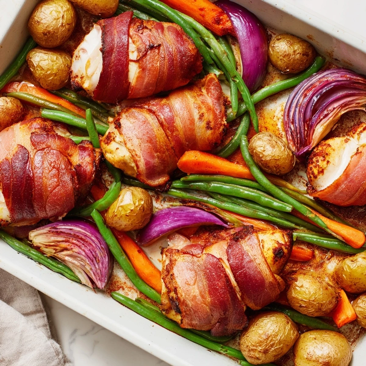 Crispy bacon encircles juicy seasoned chicken thighs atop roasted potatoes carrots and onions