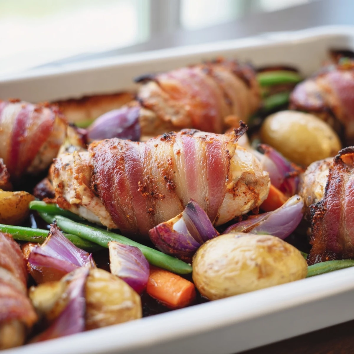 Oven baked tray of bacon wrapped chicken thighs surrounded by tender mixed root vegetables
