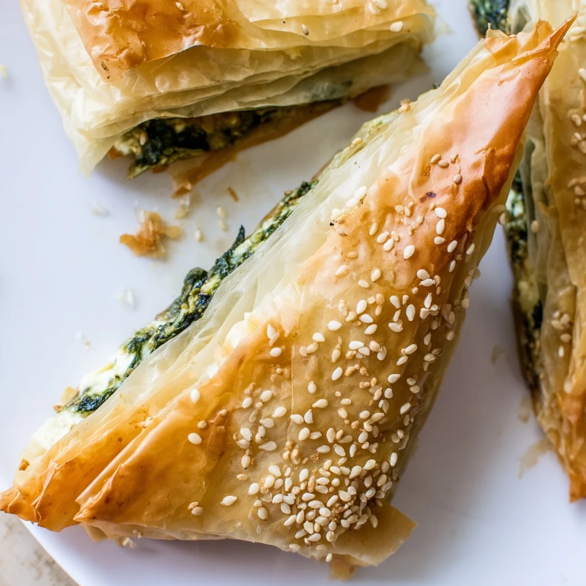 Flaky phyllo triangles stuffed with savory spinach and feta cheese filling, freshly baked