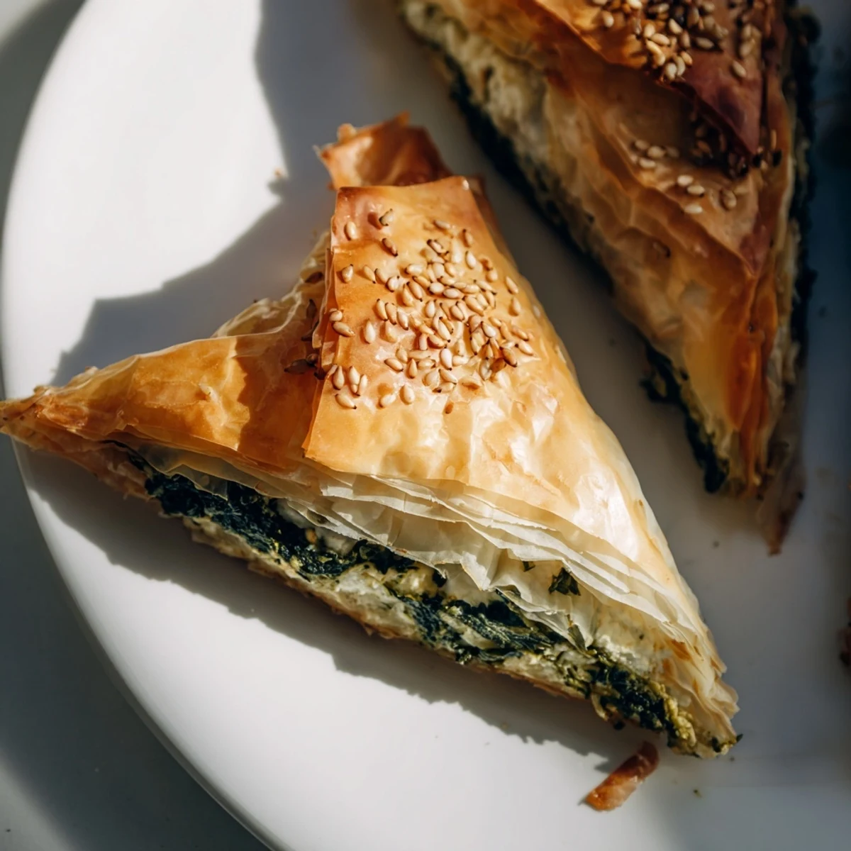 Crispy appetizers sprinkled with sesame seeds next to cooling rack and tzatziki dip