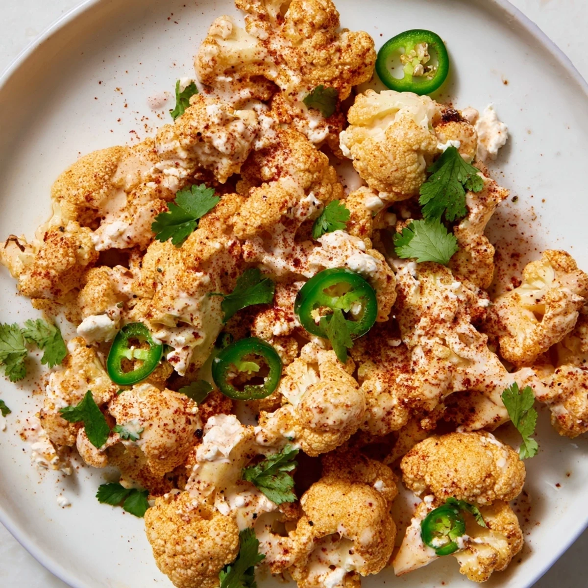 Roasted cauliflower elote coated in creamy sauce and topped with crumbled cotija cheese and fresh cilantro