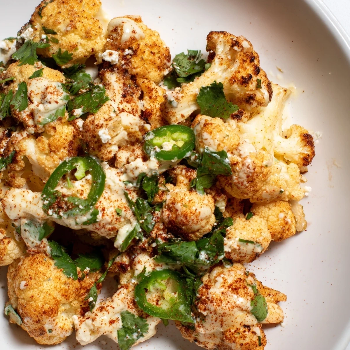 Golden cauliflower florets tossed in tangy mayo lime sauce and sprinkled with chili powder and jalapeño slices