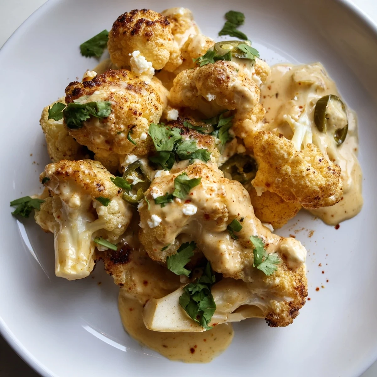 Cauliflower elote serving platter featuring roasted florets drizzled with creamy spiced sauce and garnished with herbs