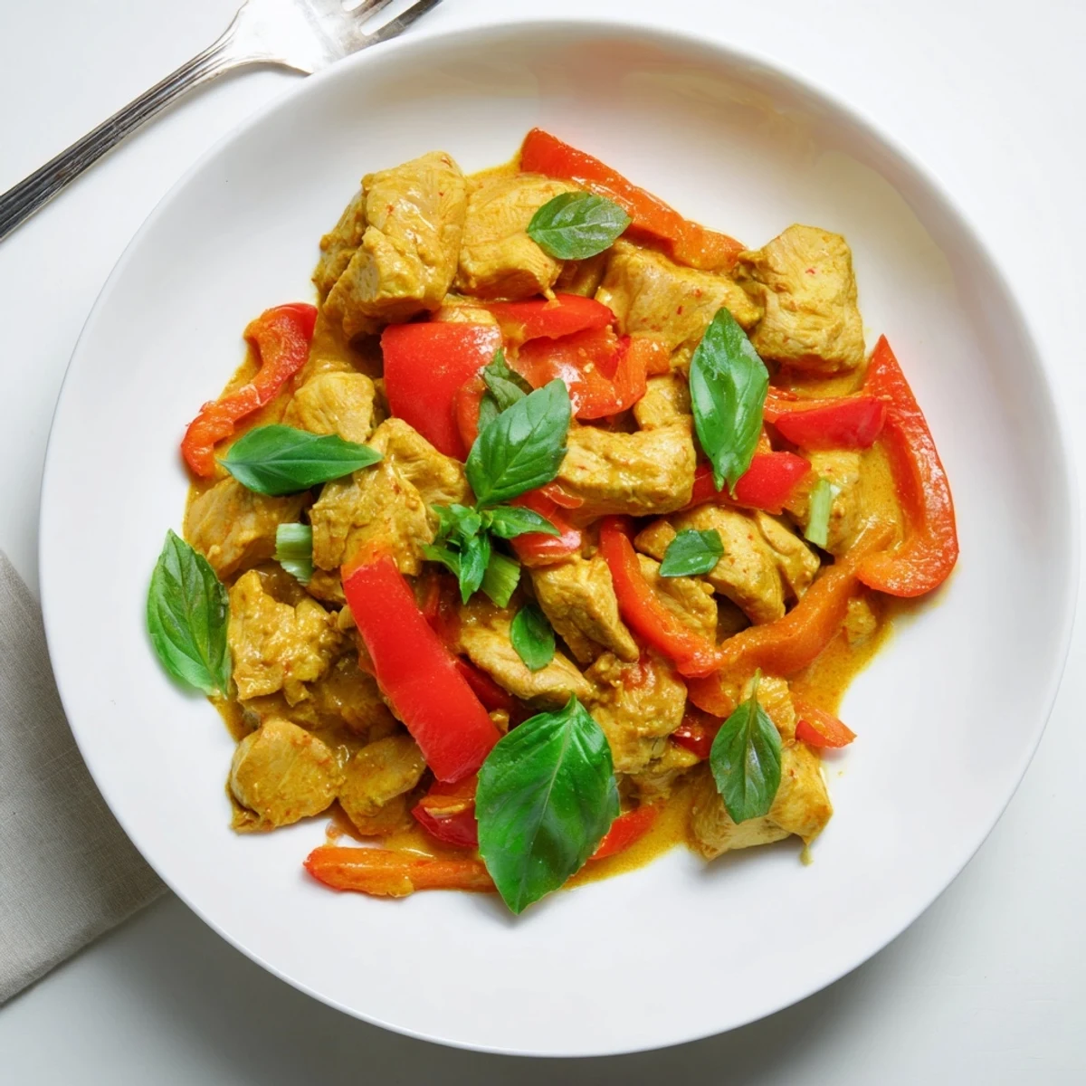 Golden chicken pieces swimming in rich creamy coconut curry sauce garnished with fresh green basil