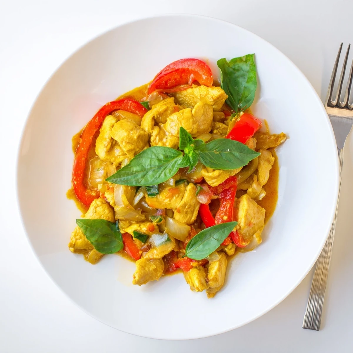 Savory Thai-style basil chicken curry served over white rice with vibrant red bell pepper slices
