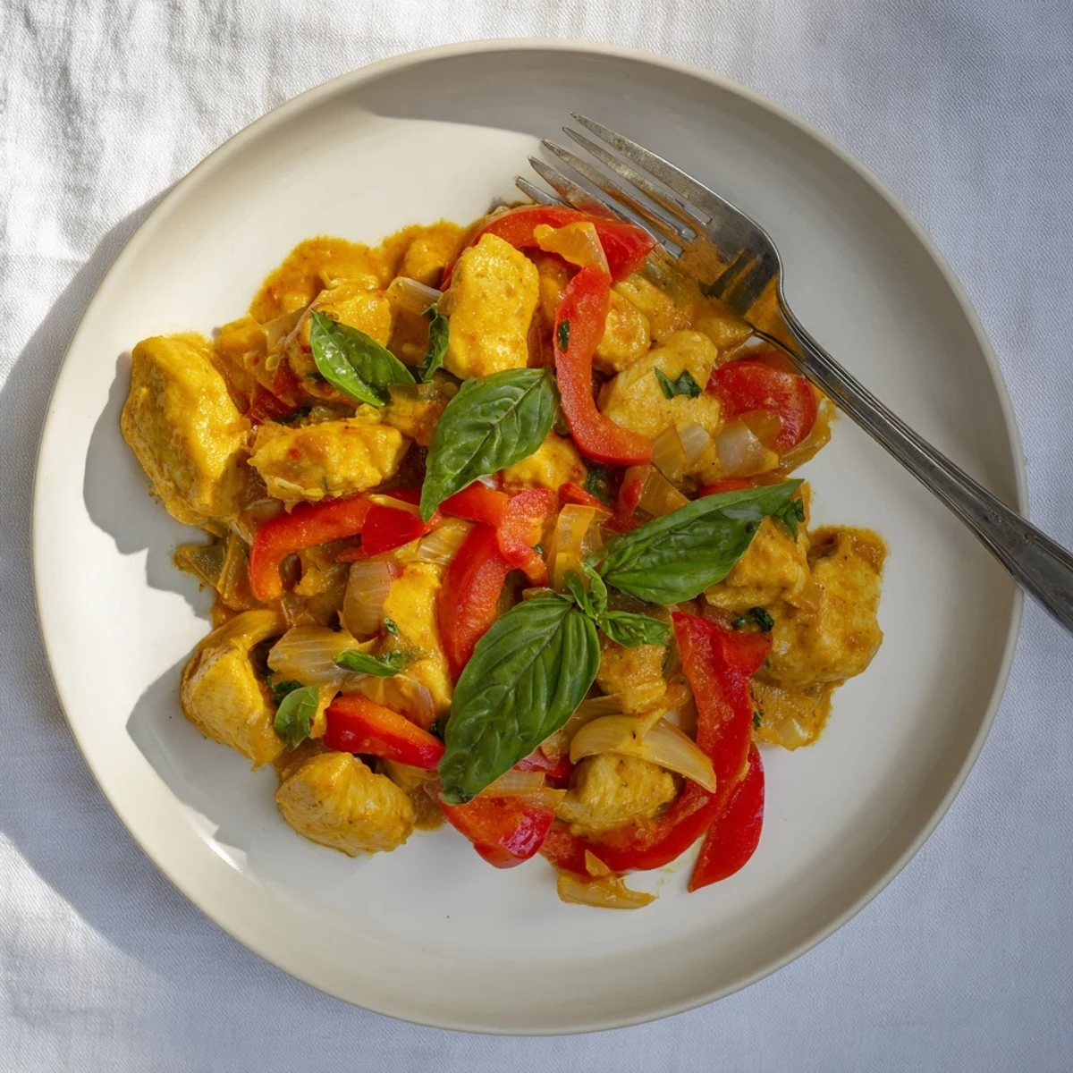 Tender simmered chicken in aromatic yellow coconut milk curry topped with chopped fresh basil leaves