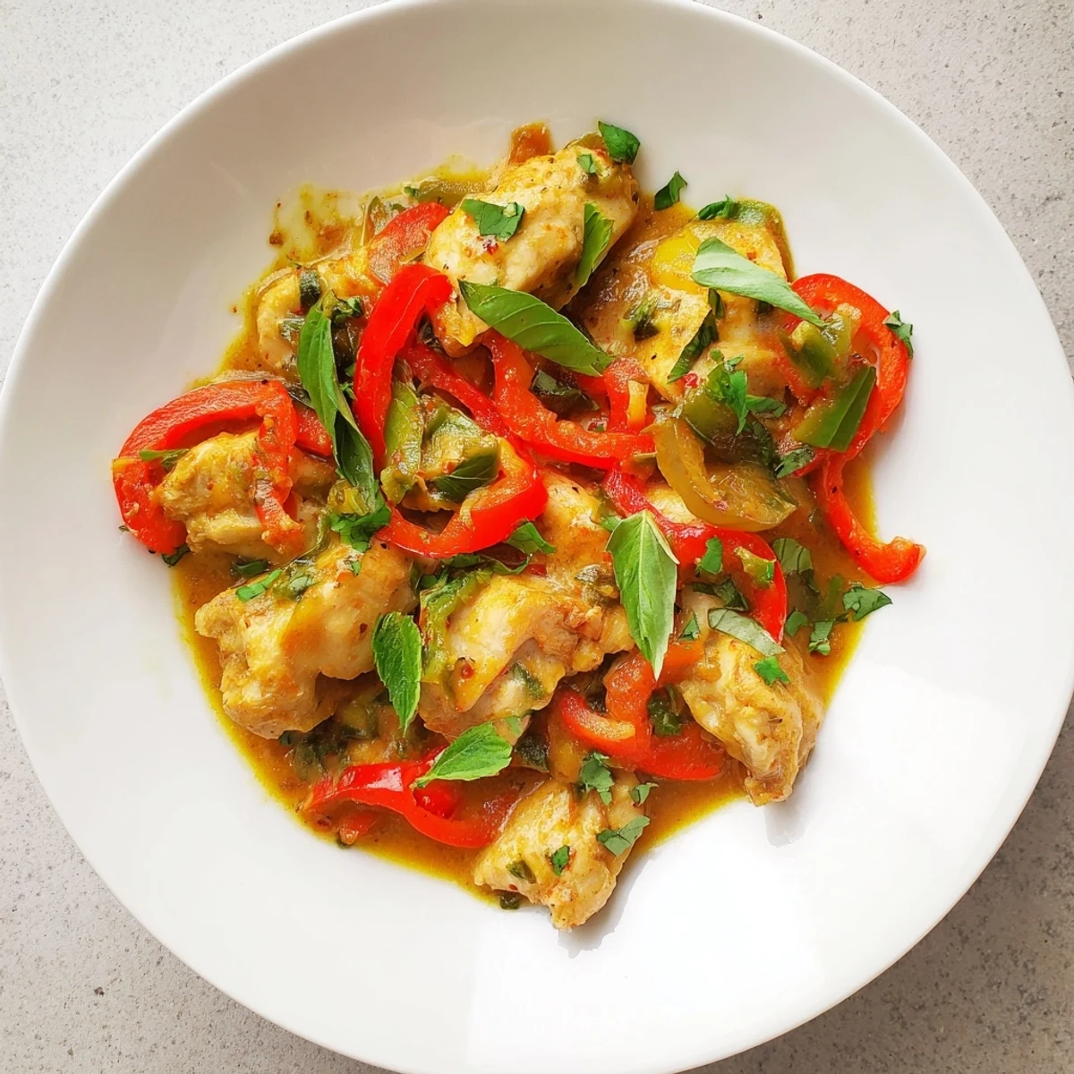 Golden chicken thighs swimming in fragrant coconut curry sauce with colorful bell pepper strips