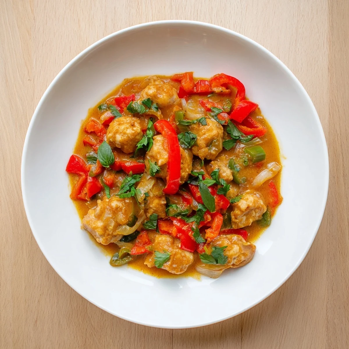 Steaming bowl of basil chicken in coconut curry sauce served over fluffy white rice