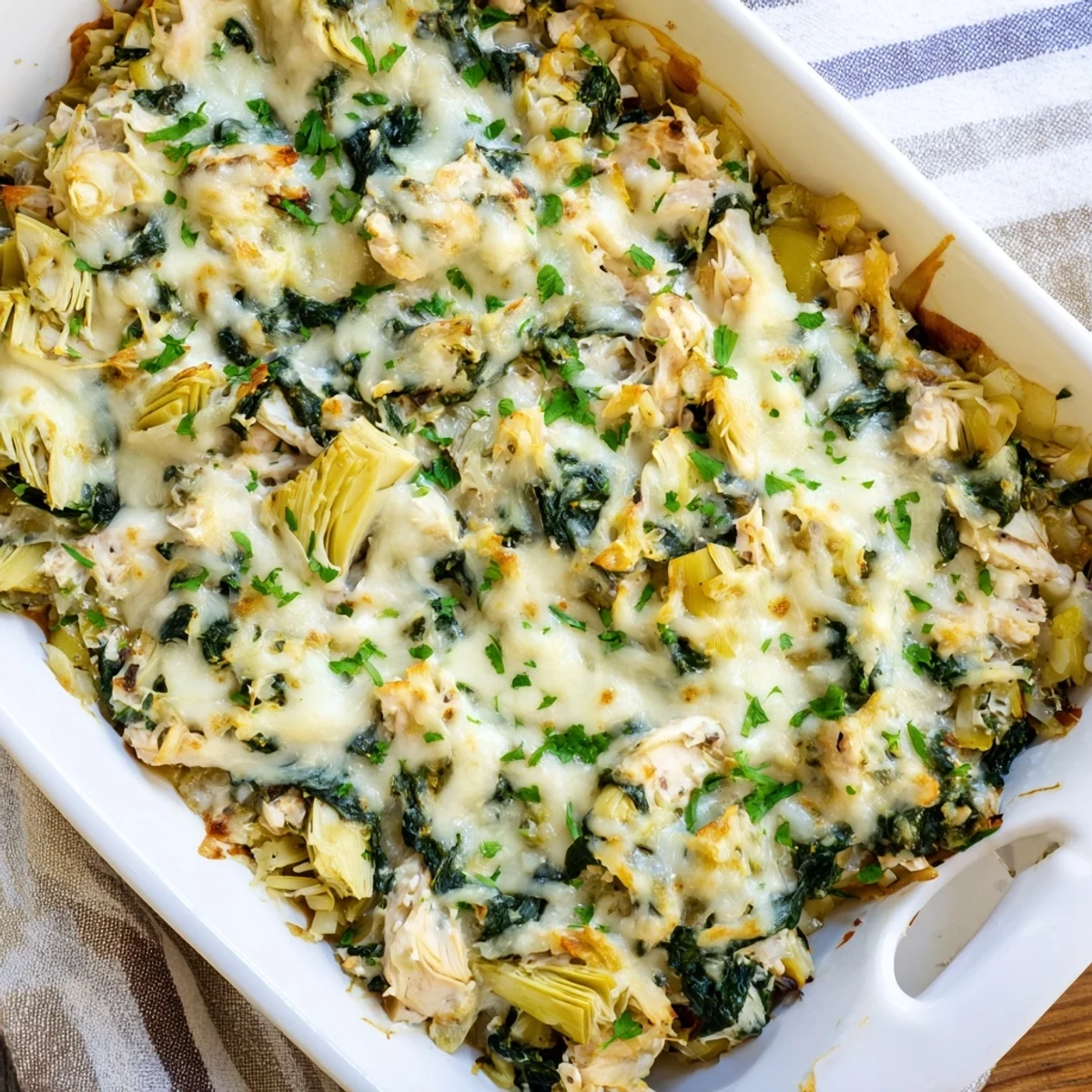 Creamy spinach and artichoke chicken casserole bliss served in a white baking dish with fresh parsley garnish