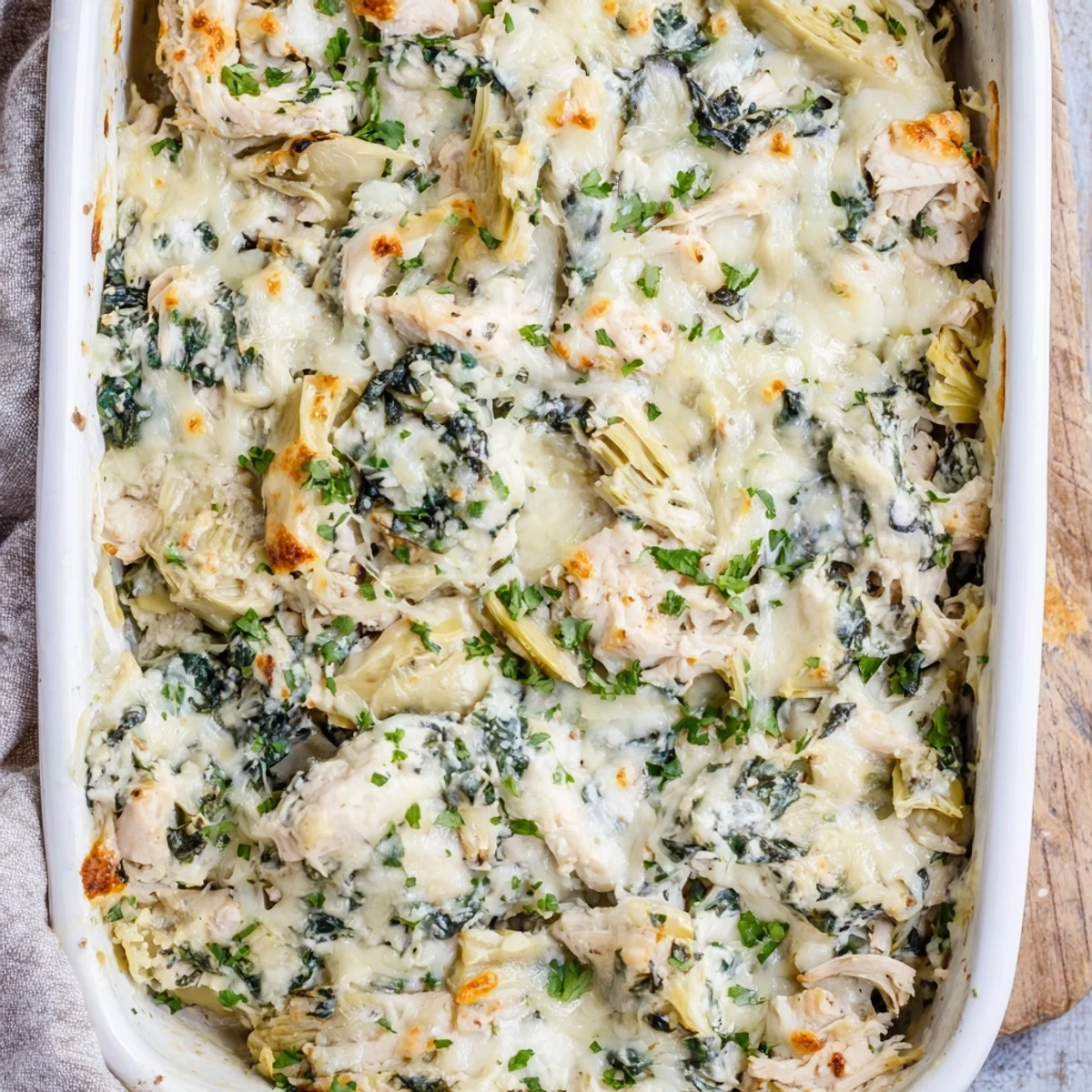 Hearty high protein casserole featuring tender chicken, artichokes, and spinach nestled under a layer of golden mozzarella