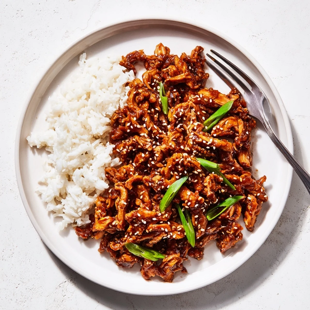 Crockpot Mongolian chicken with sticky caramelized sauce garnished with fresh sesame seeds and sliced scallions