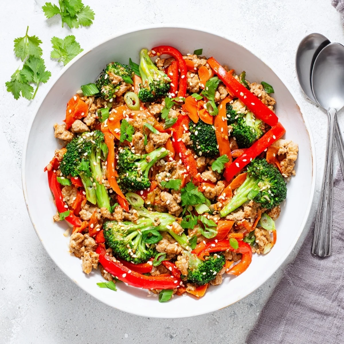 Golden ground turkey stir fry with broccoli in a savory glazed skillet served over white rice