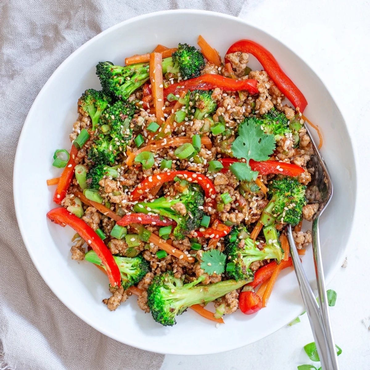 Healthy ground turkey stir fry featuring fresh broccoli vegetables in a glossy dark brown sauce