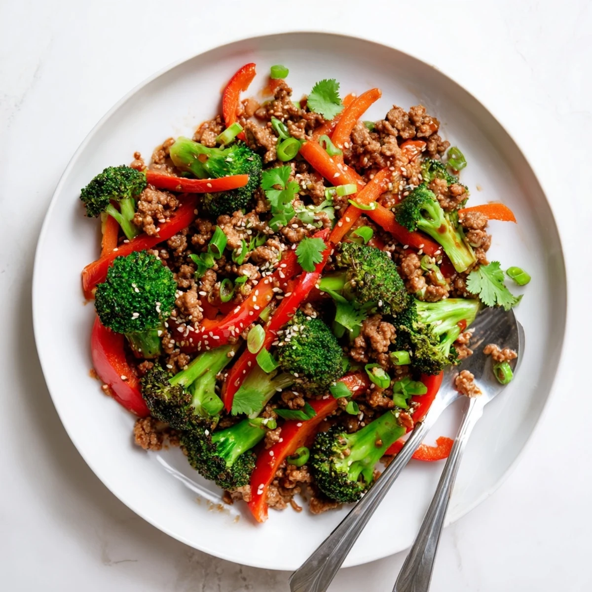 Crisp broccoli florets and lean ground turkey tossed in a rich Asian-inspired sauce with sesame garnish