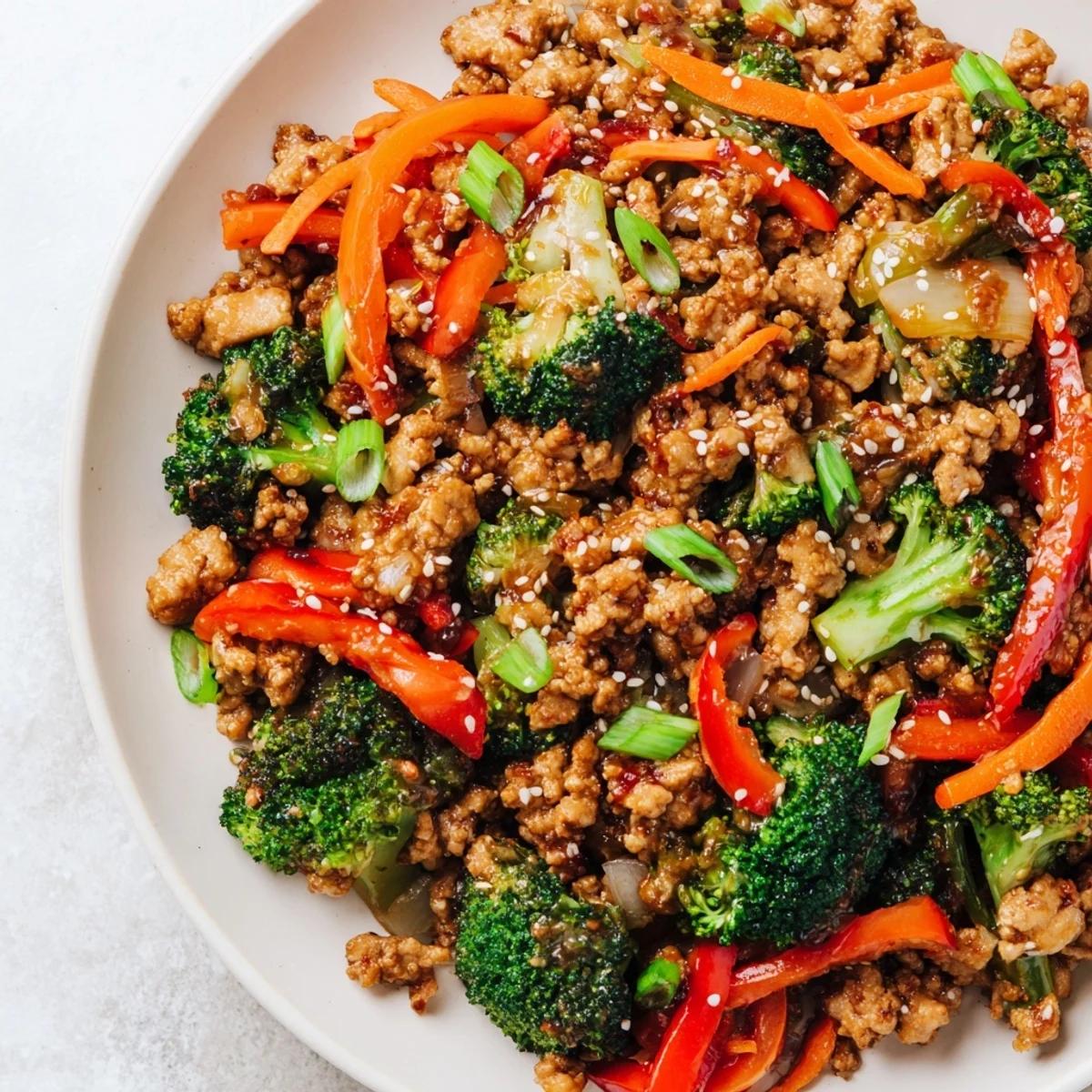 Colorful ground turkey stir fry with broccoli florets in savory Asian-style sauce