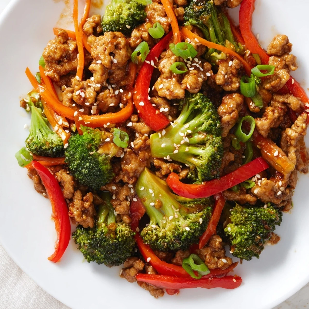 Sizzling skillet of ground turkey stir fry featuring crisp broccoli and colorful bell peppers