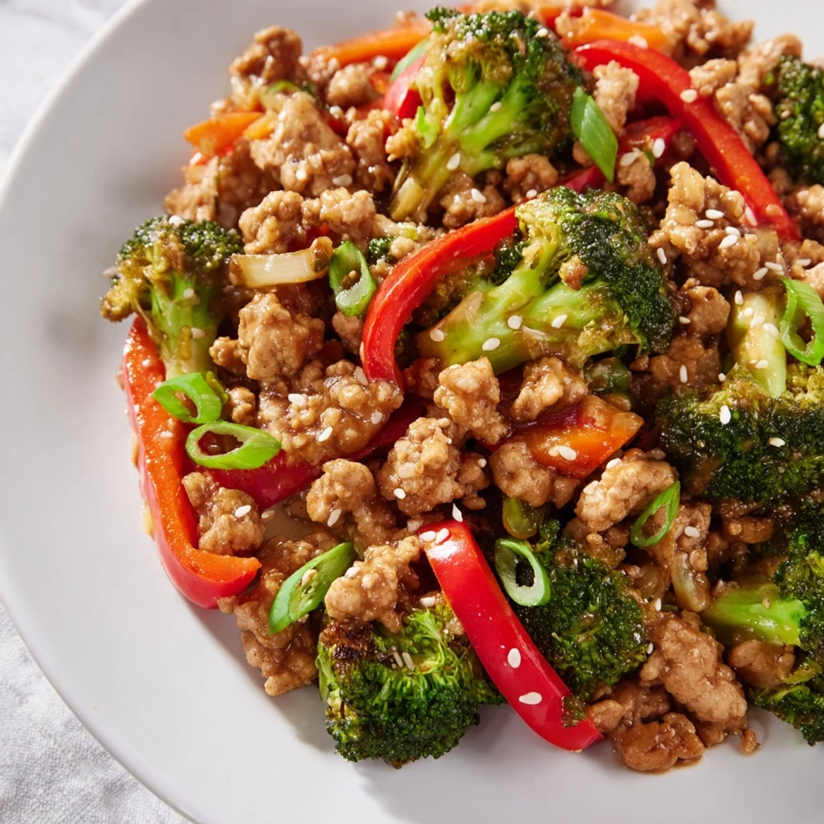 Plated ground turkey stir fry with broccoli garnished with sesame seeds over white rice