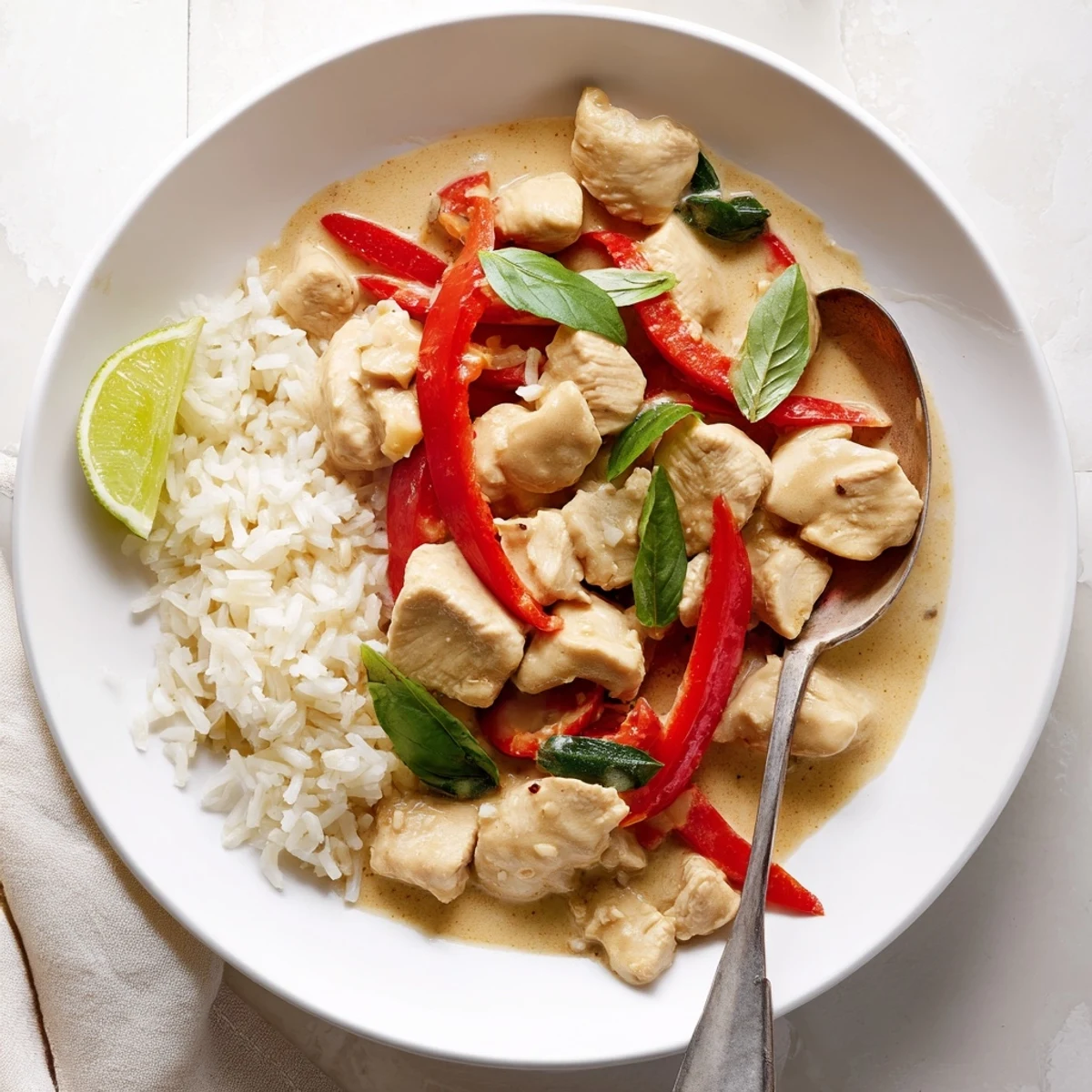Golden chicken pieces swimming in rich coconut curry sauce topped with fresh basil leaves