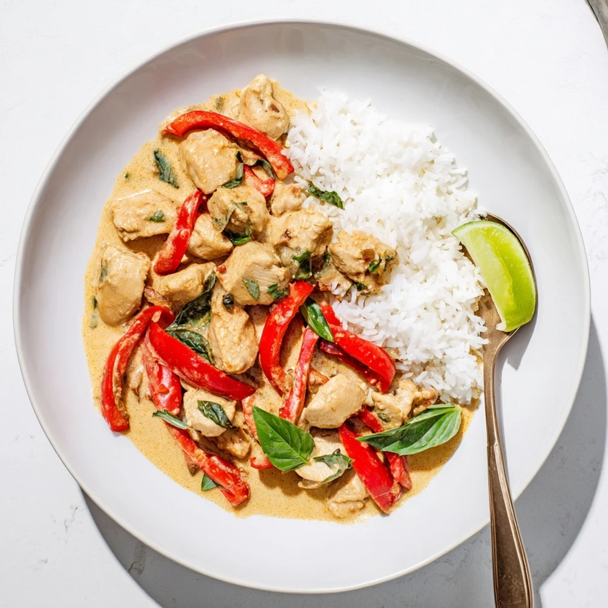 Creamy basil chicken curry with tender meat and red peppers served over fluffy white rice