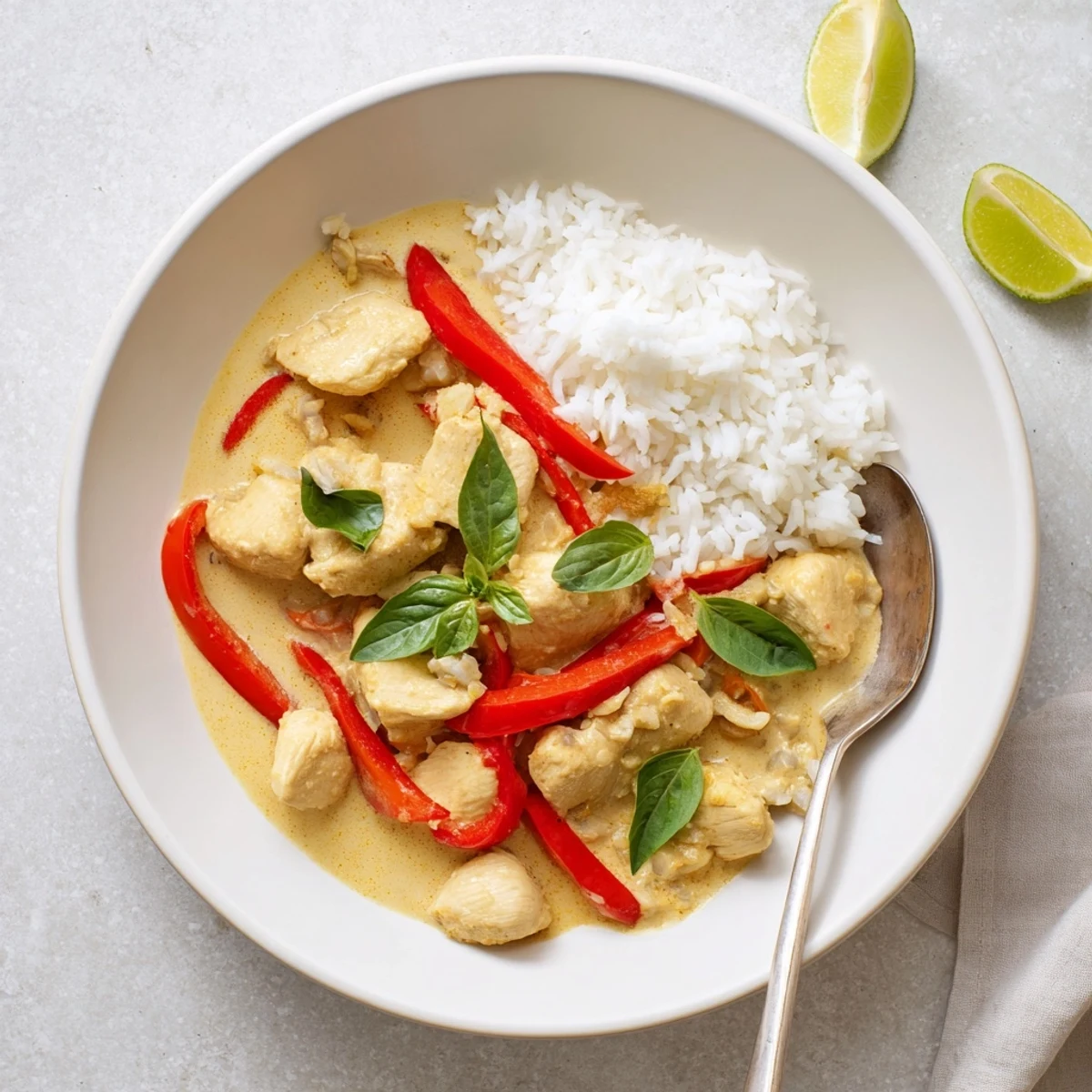 Savory coconut curry chicken simmered with aromatic basil and colorful bell pepper slices