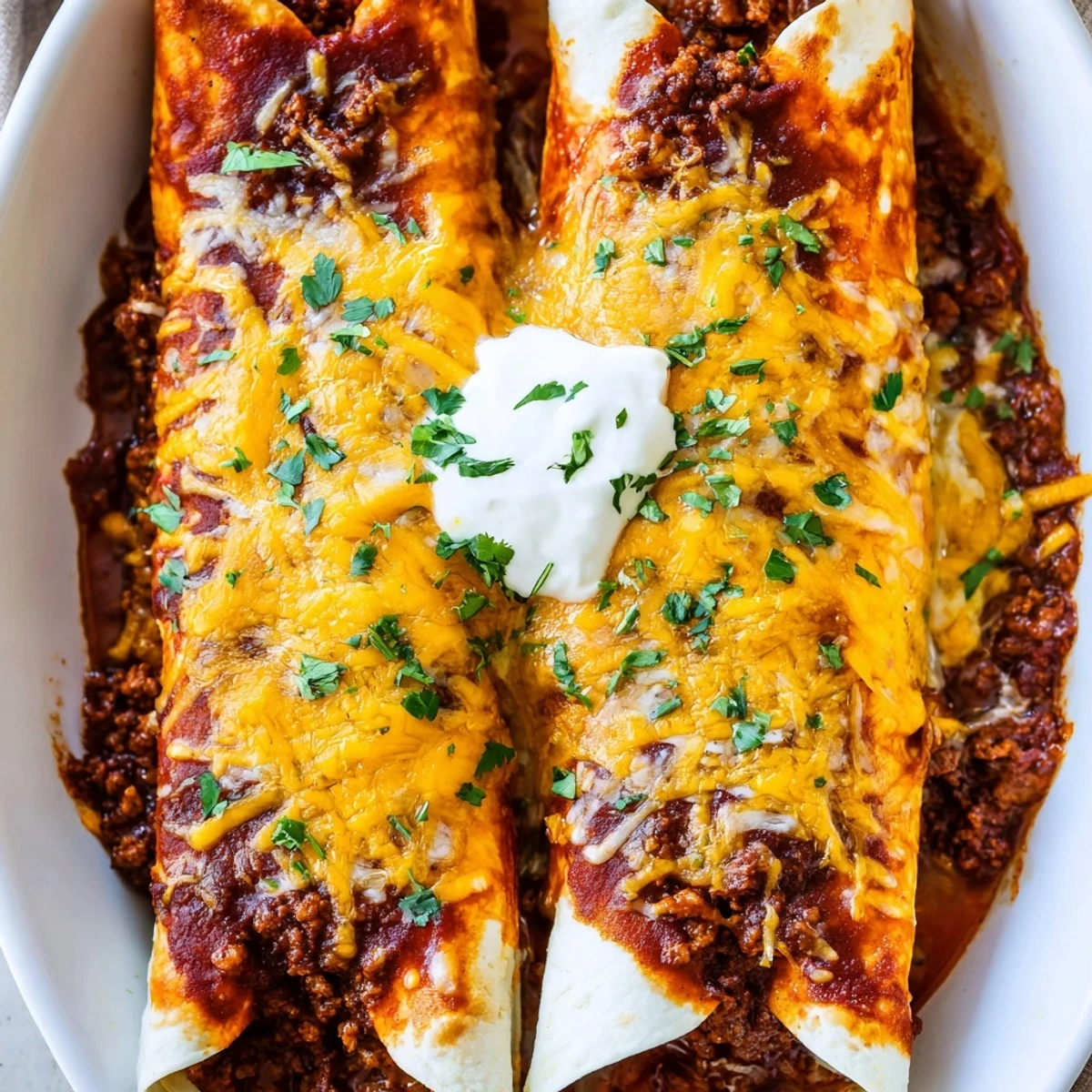 Baked savory beef enchiladas topped with melted cheddar cheese and drizzled with red sauce
