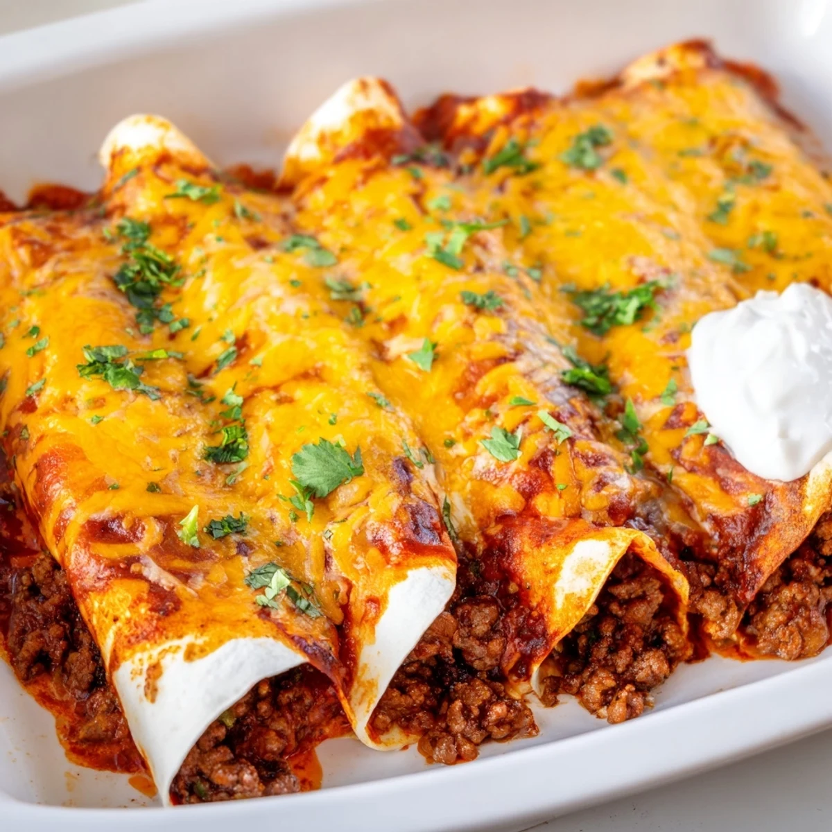 Freshly baked savory beef enchiladas garnished with cilantro and served with creamy sour cream