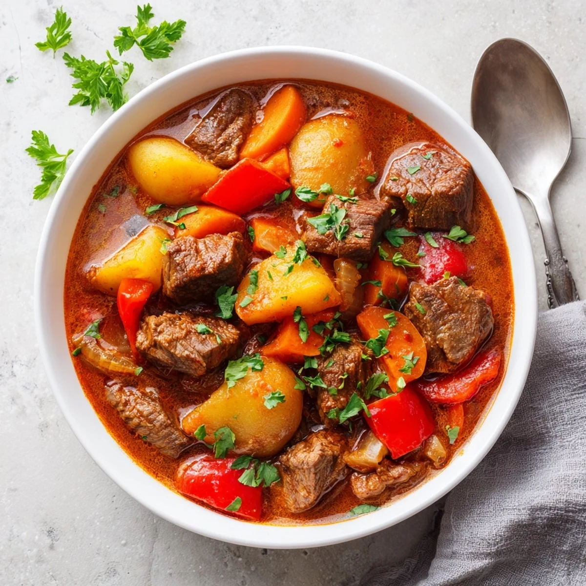Rich slow cooker Hungarian goulash featuring tender beef chunks in a vibrant red paprika sauce with potatoes