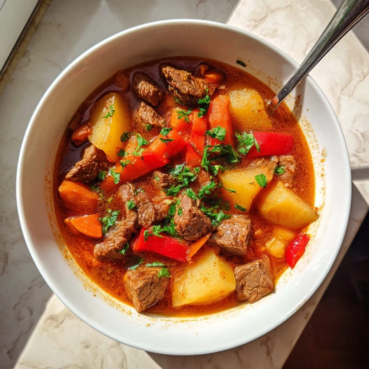 Hearty slow cooker Hungarian goulash bowl showcasing beef stew loaded with carrots, peppers, and fragrant spices