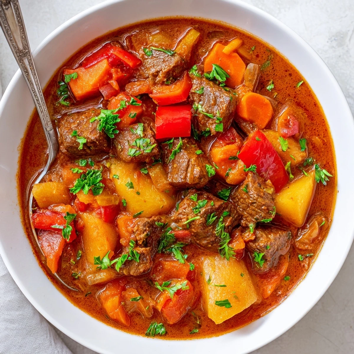 Comforting slow cooker Hungarian goulash plated with crusty bread, topped with fresh parsley garnish