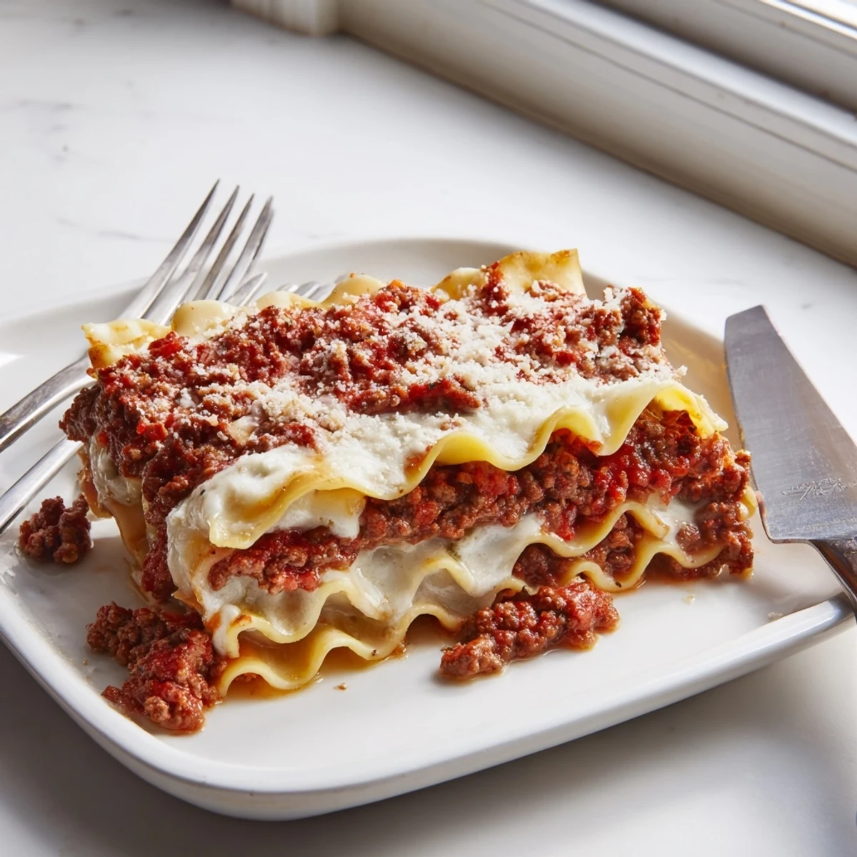 Hearty classic lasagna sliced square showing creamy béchamel and rich tomato beef layers
