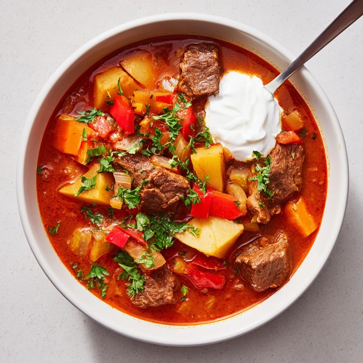 Steaming bowl of slow cooker Hungarian goulash topped with fresh parsley and sour cream