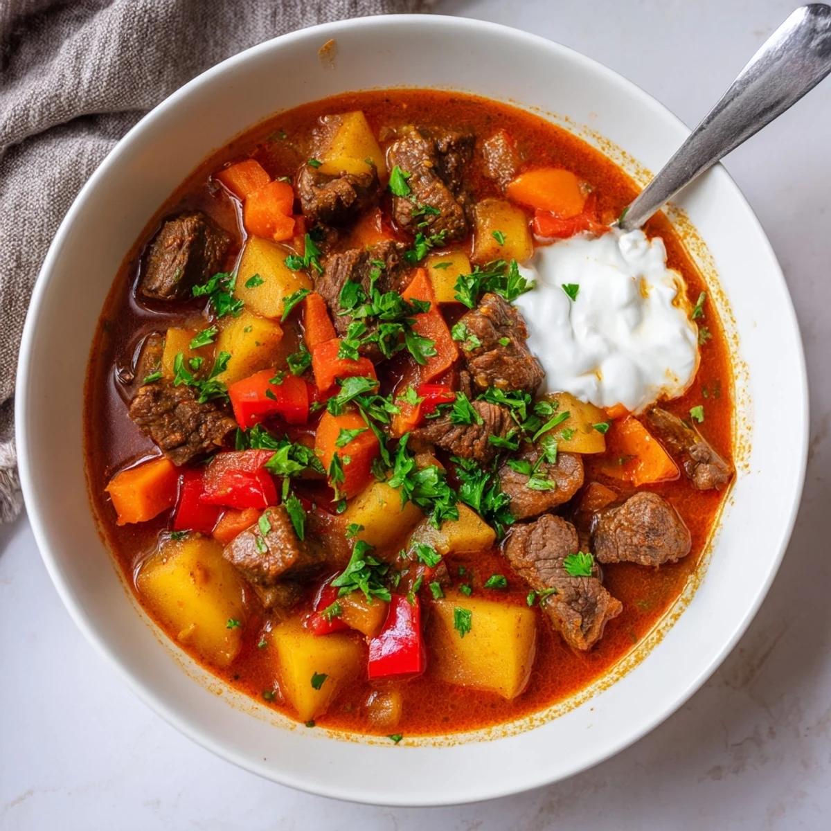 Hearty slow cooker Hungarian goulash with tender beef chunks and colorful vegetables in rich broth