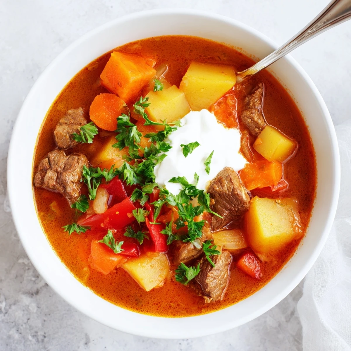 Golden slow cooker Hungarian goulash served with crusty bread for a comforting dinner