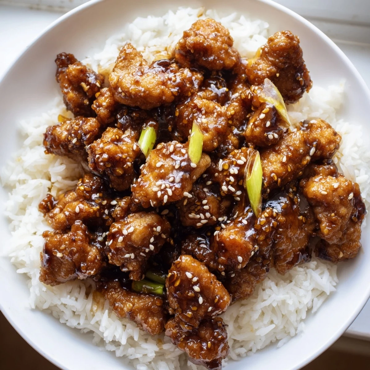 Golden Mongolian chicken pieces glazed in rich brown soy garlic sauce over steaming white rice