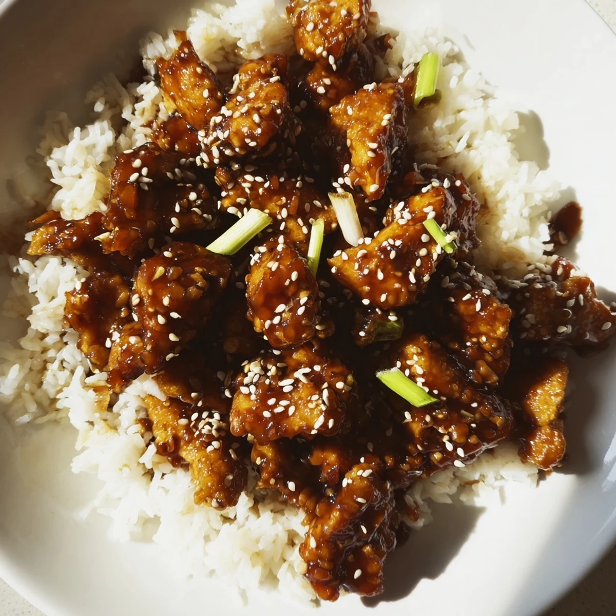 Tender stir-fried Mongolian chicken with green scallions in a glossy sweet and savory sauce