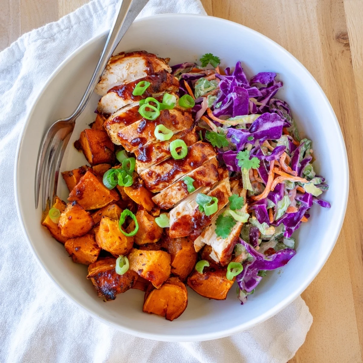 Sliced BBQ glazed chicken breast served over tender roasted sweet potatoes with tangy purple cabbage coleslaw