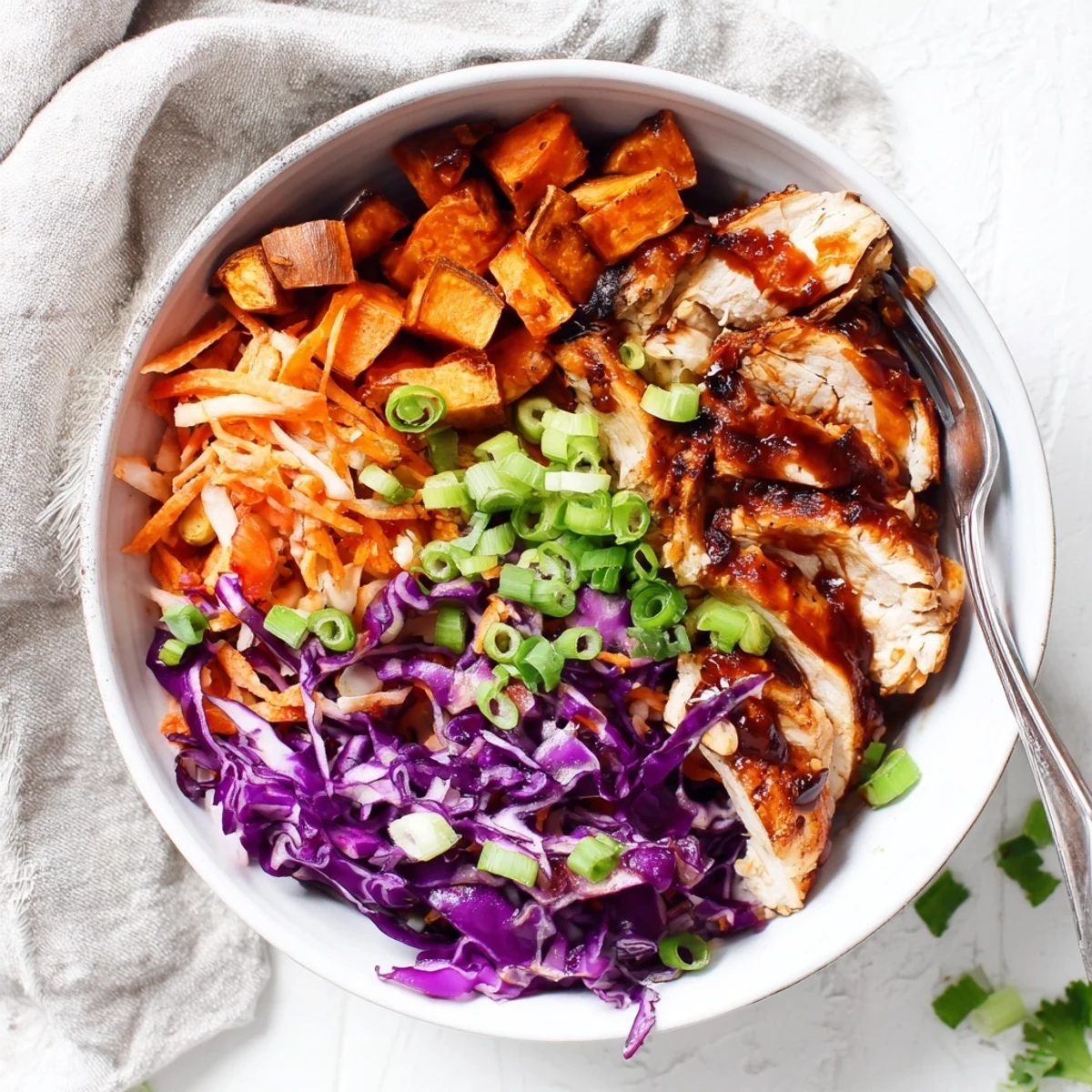 Hearty BBQ chicken bowl featuring roasted sweet potatoes and crisp colorful coleslaw topped with fresh herbs