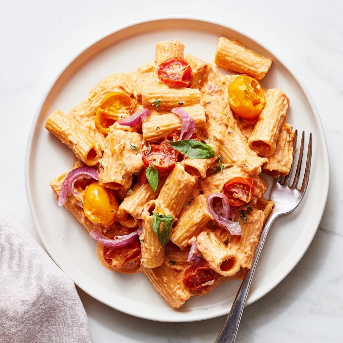 Golden roasted cherry tomatoes and melted feta create creamy feta pasta sauce coating al dente pasta