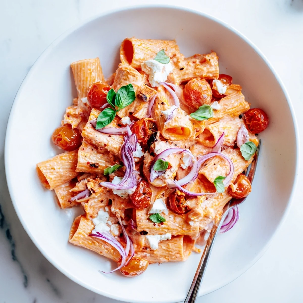 Twirled pasta tangled with roasted garlic tomatoes and crumbled feta in this Mediterranean-inspired creamy feta pasta