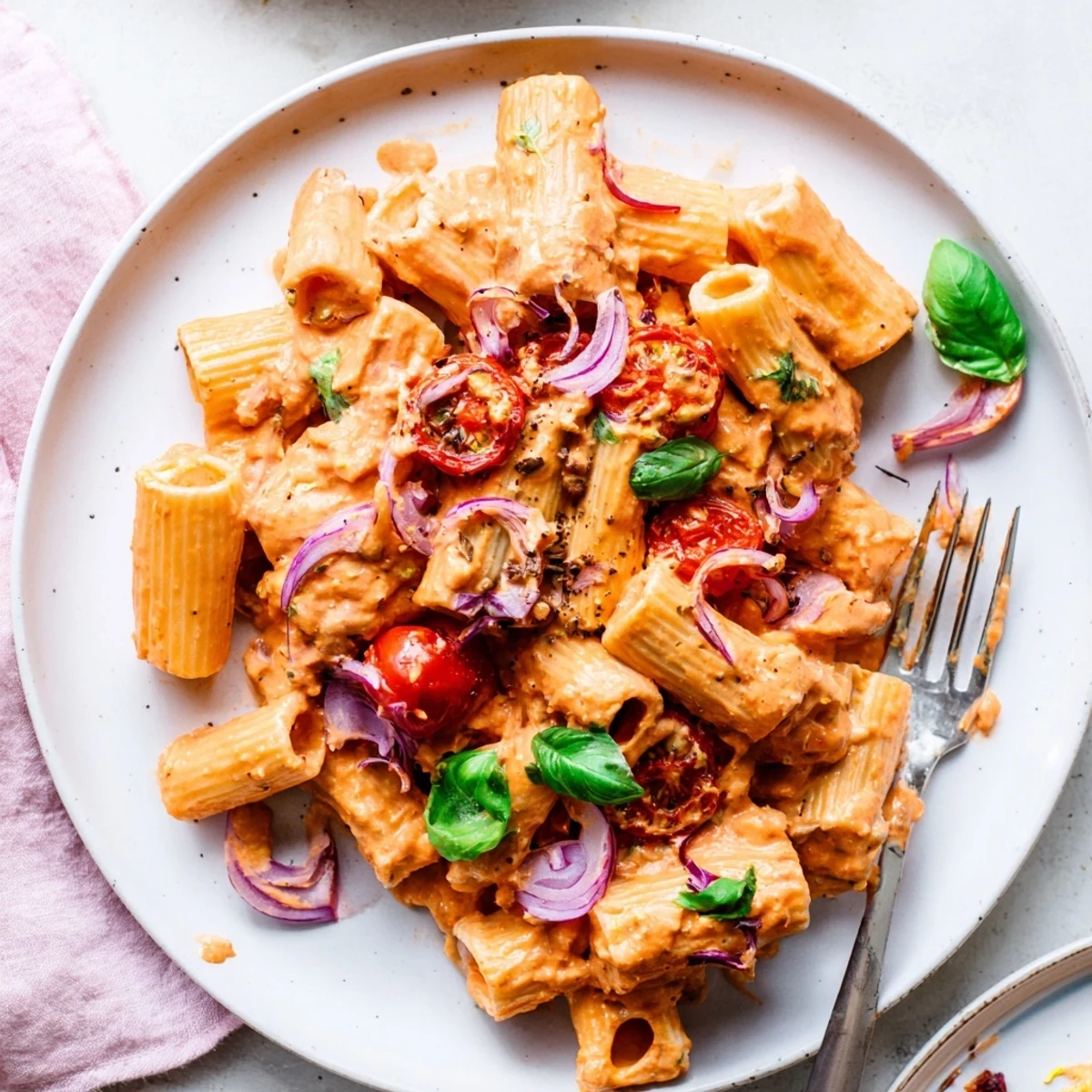 Steaming bowl of creamy feta pasta topped with burst cherry tomatoes and fresh torn basil leaves
